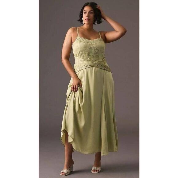 Anthropologie Let Me Be Satin Green Lace Trimmed Boho Midi Dress Size Large - Picture 1 of 13